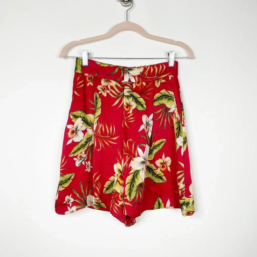 2/$30 ZARA High Rise Short XS Red Hawaiian Tropical Floral Pockets Zip-Fly #5663